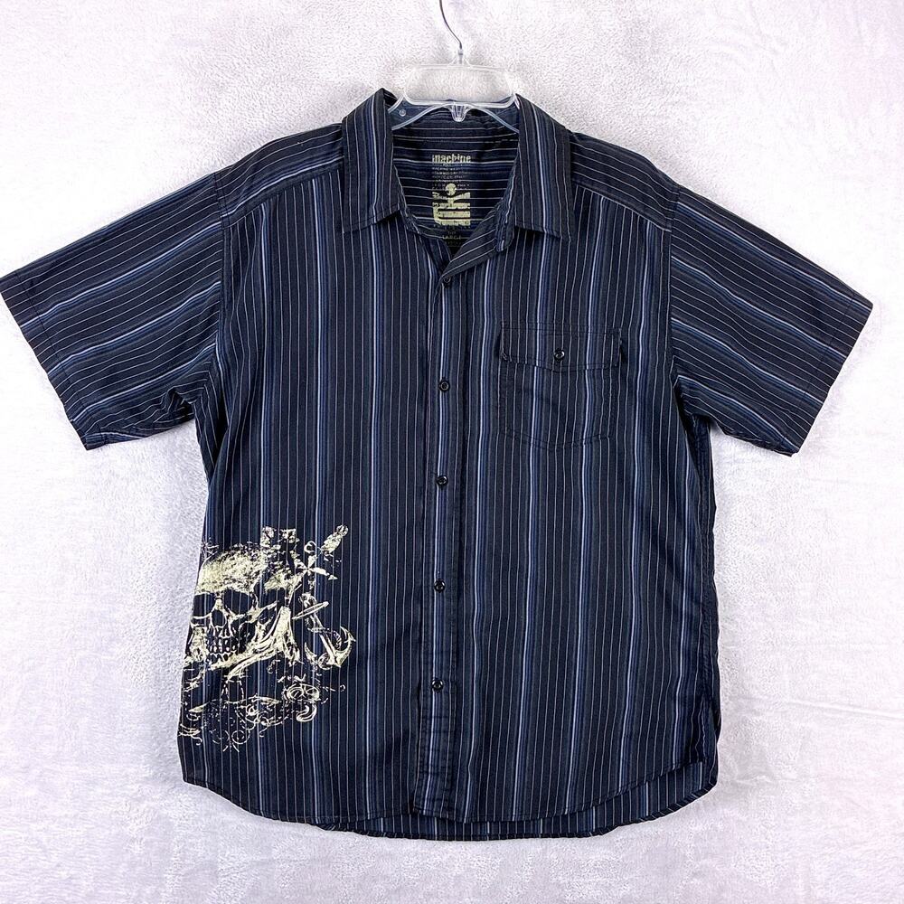 VTG Machine Camp Shirt Mens L Black Blue Stripe Skull Going Out Rock Punk Y2K